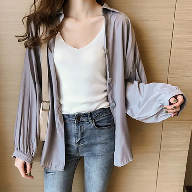 

Cardigan Solid Color Loose Long-sleeved Shirt Autumn New Temperament Button White 2XL