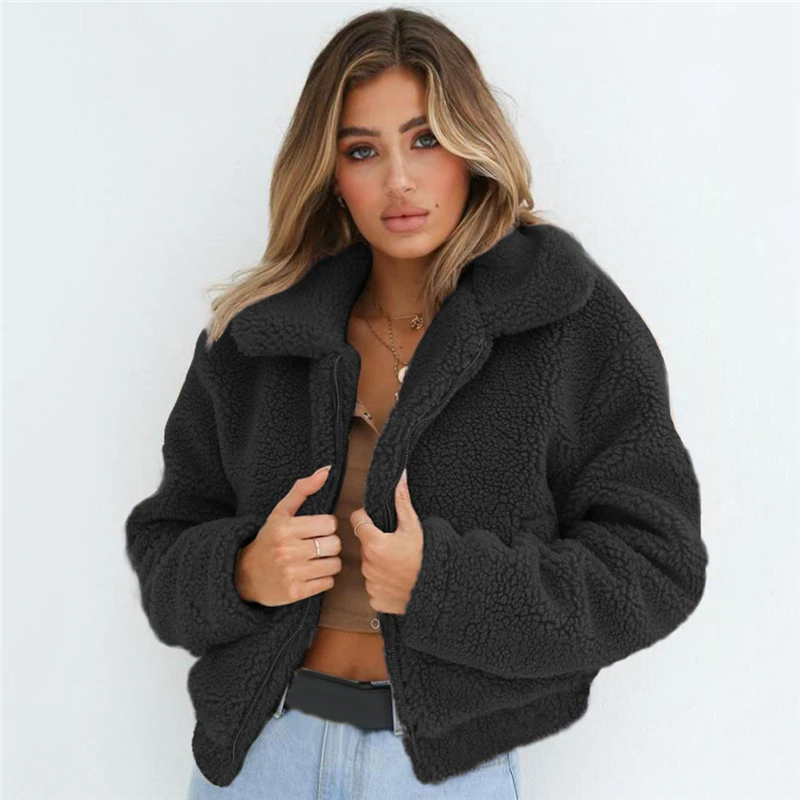 Fleece Coat Women New Fashion Long Sleeve Warm Faux Fur Coat Casual Turn Down Collar Zipper Bomber Jacket Outwear Plus Size