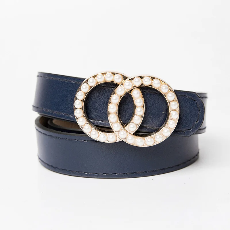 Doble anillo círculo hebilla cinturones perlas marca de mujeres cinturón de cuero 105cm Jeans pantalones vestidos cintura cinturón de mujer - AliExpress