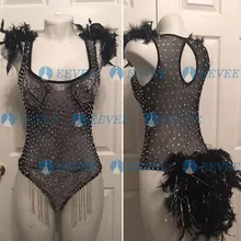 Черный прозрачный боди с перьями блестящие стразы без рукавов Женская Вечеринка Выпускной бар наряд для сцены певица шоу комбинезон