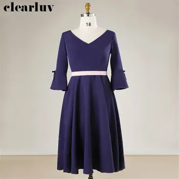 

Long Sleeves Prom Gowns Simple Dresses Women Party Night T462 2019 Plus Size A-line Vestidos De Gala Nave Blue V-neck Prom Dress