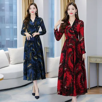 

Photo Shoot Long Sleeve Chiffon Dress Autumn Clothing Female 2020 New Style Printed Dress Mid-length Elegant Long Sleeve Skirt