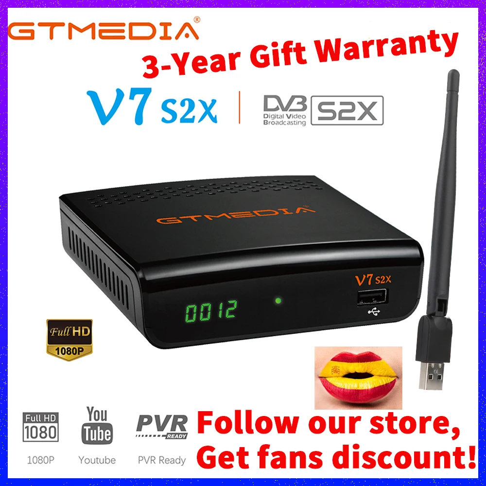 GTMedia V7S S2X HD Satellite Receiver 1080P DVB-S2 Upgraded by GT Media V7S HD Include USB Wifi H.265 Decoder No App