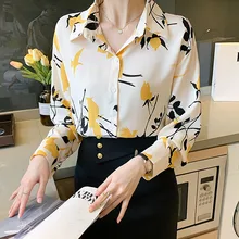 

2022 New Women Chiffon Blouse Shirt Long Sleeve Top Printed Elegant Female Clothing Top Temperament Top Turn Down Collar Blusa