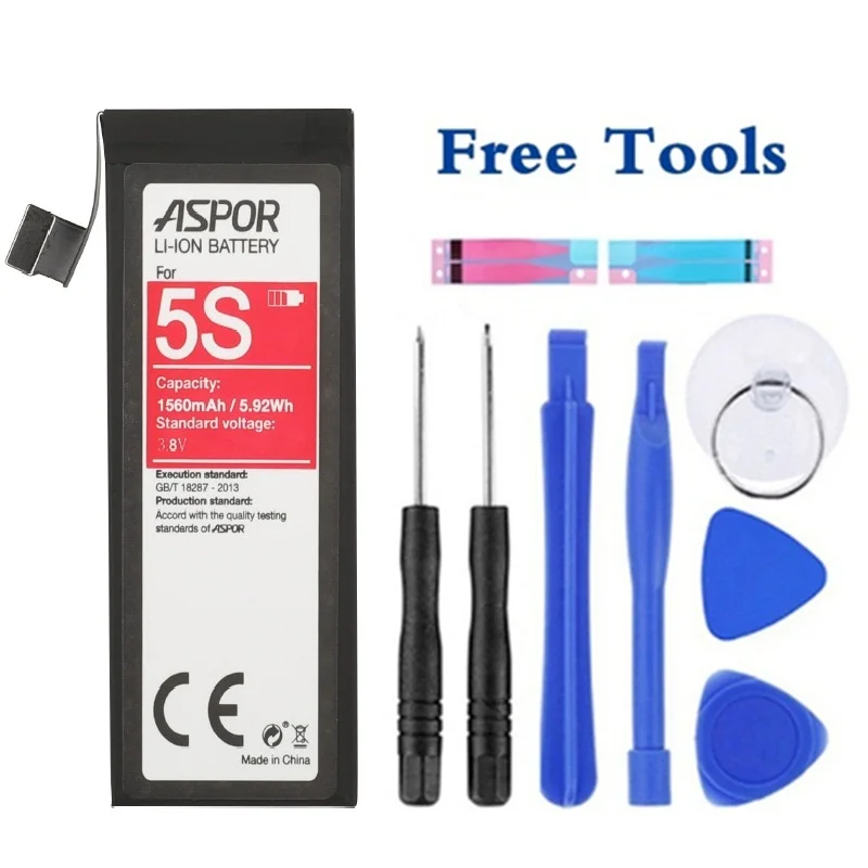 

ASPOR New 2019 High Quality Battery for iPhone 5S 5C Replacement Zero 0 Cycle Free Repair Tools Kit Battery Tape TPU Case