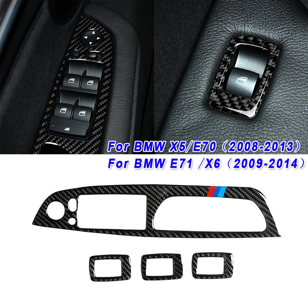 

4pcs Car Window Switch Button Cover Trim Black Carbon Fiber High Quality Auto Windows Control Panel Trims For BMW X5 E70 X6 E71