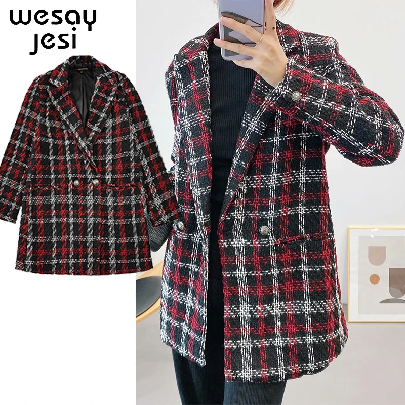 

Autumn Women's Woolen Coat Double-breasted Woolen Plaid Jacket Dark Red Black Stitching Loose Woolen Cloth Women Coat Fashion