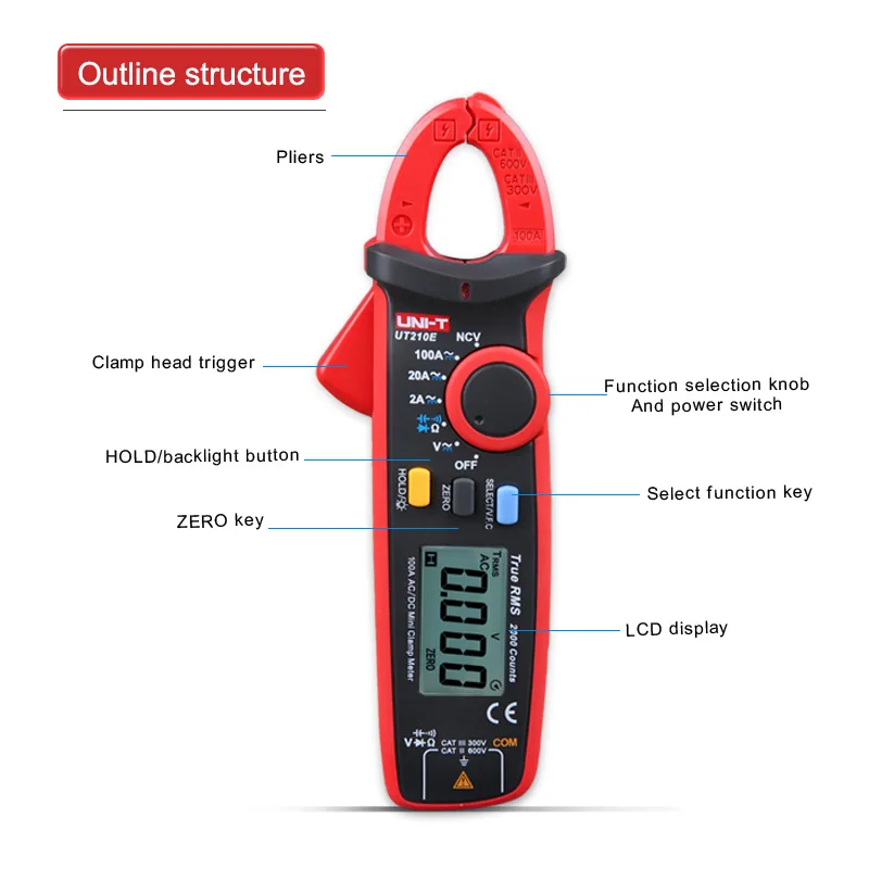 UNI-T UT210E мини-клещи True RMSDigital мультиметр AC/DC Детектор тока ручной зажим мультиметр токовые зажимы