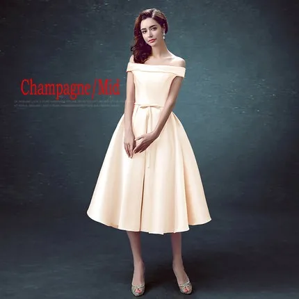 CHAMPAGNE-MID Erosebridal, атласное вечернее платье для женщин, 3 стиля, длина(длинная/Средняя/короткая), на шнуровке, сзади, с открытыми плечами, официальное платье, простой дизайн - Цвет: CHAMPAGNE-MID