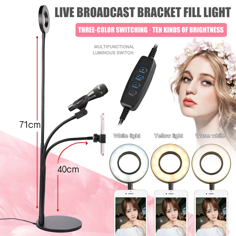

2 in 1 Live Broadcast Stand Cell Phone Holder with Selfie Ring Light for Live Stream 3-Level Brightness DJA99