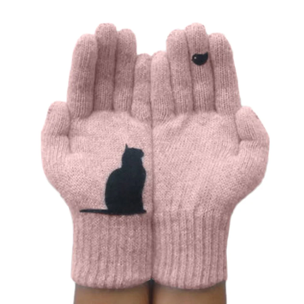 Зимние женские перчатки Kawaii с рисунком кошки и птицы, лоскутные шерстяные теплые перчатки, модные повседневные спортивные перчатки для активного отдыха - Цвет: As Shown