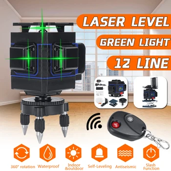 

12 Lines 3D Laser Level Green Laser Wireless Remote Self-Leveling 360 Horizontal & Vertical Cross Line With Battery Wall Bracket