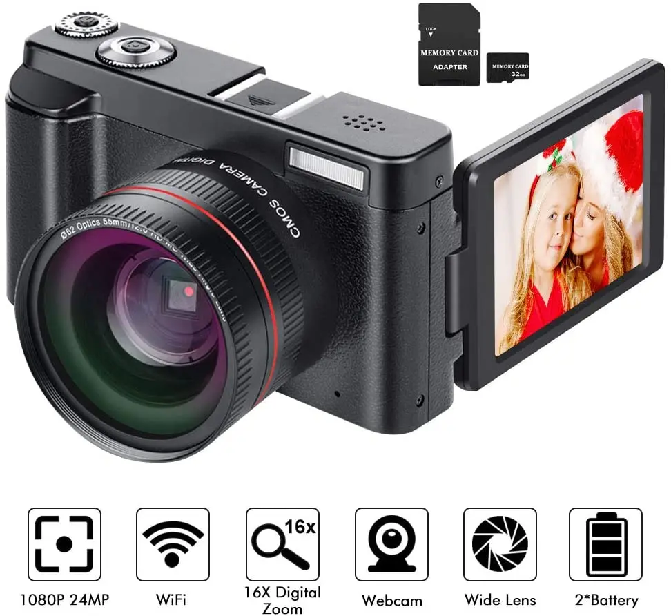 Digital Camera YouTube Vlogging Camera HD 1080P 24MP Video Camcorder 16X Digital Zoom  Wide Angle Lens Pause Function 3.1 Screen