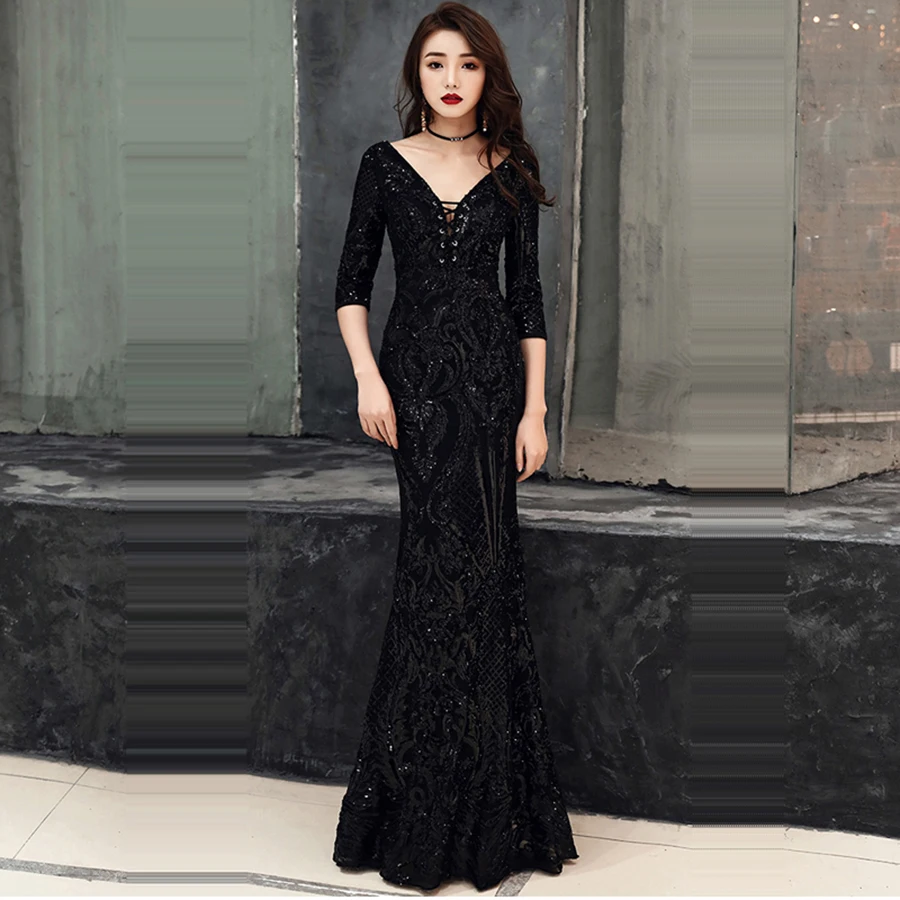 Skyyue вечернее платье, сексуальное, v-образный вырез, халат De Soiree C274, с блестками, длина до пола, вечерние платья, рукав три четверти, вечерние платья