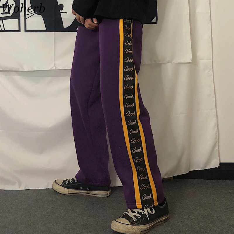 Woherb Harajuku женские брюки в полоску с буквенным принтом широкие брюки повседневные свободные прямые брюки корейская мода новая уличная одежда 91097