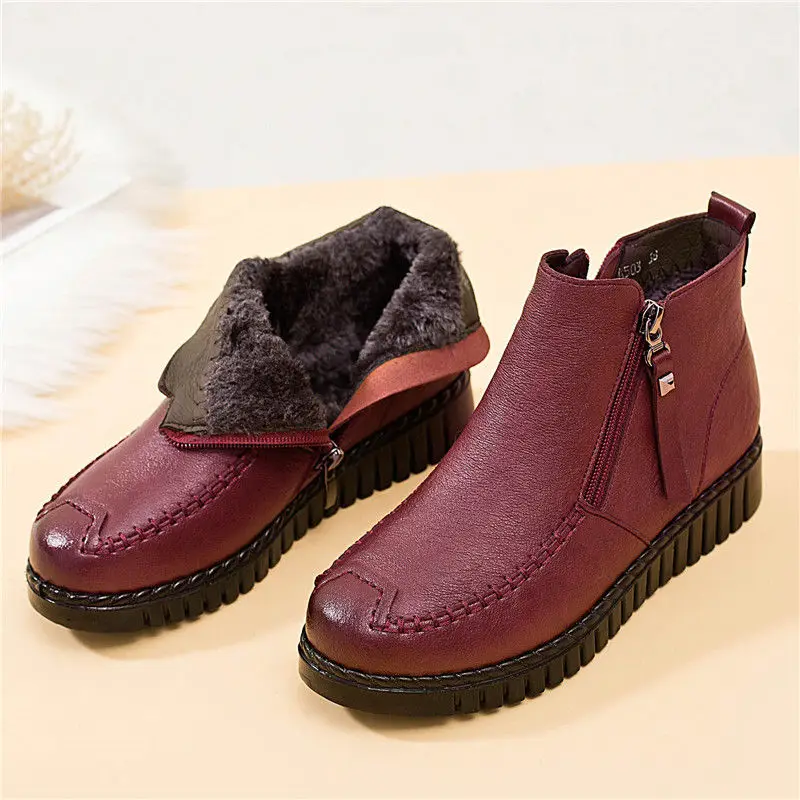 Мягкая обувь из коровьей кожи для мам Женская красного цвета зимняя на платформе