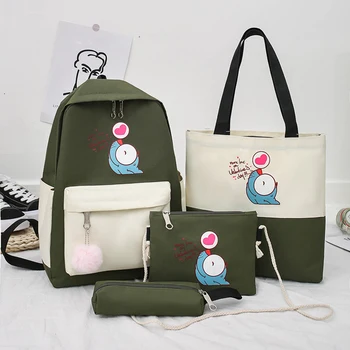 

Cartoon Canvas Backpack 4pcs/Set Student Cute Schoolbag Shoulder Crossbody Bags Multi-functional Female Festival Gifts