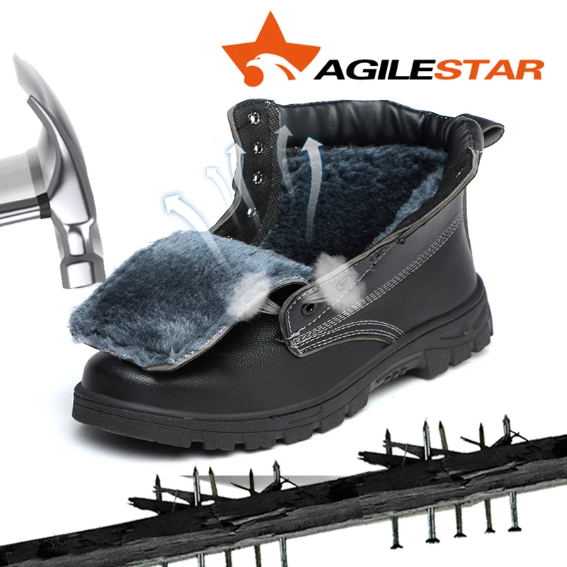 

Winter Velvet Non Slip Steel Toe Safety Shoes Men Leather Indestructible Work Boots Anti Smashing Outdoors Construction