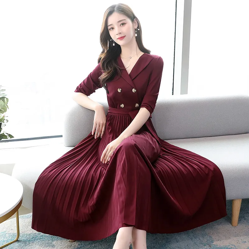 Korean Fashion Women Dress Woman V Neck Pleated Dress Elegant Women