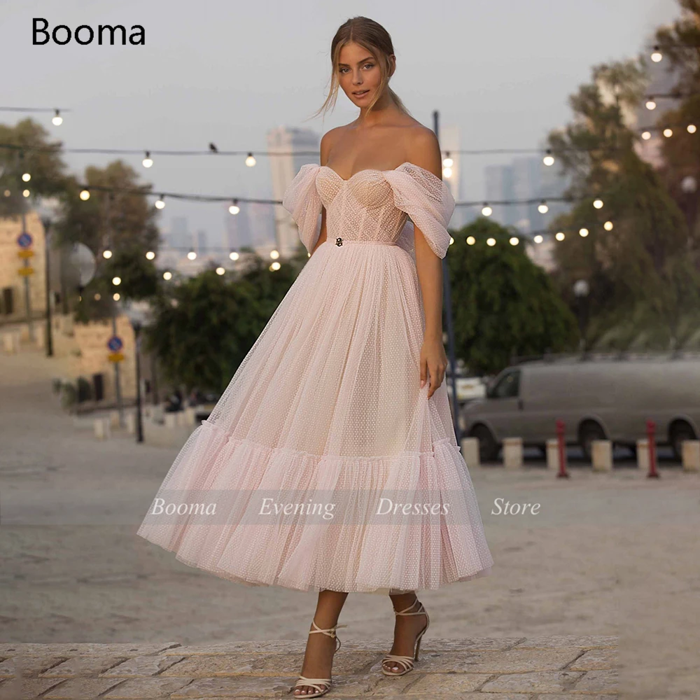Booma Blush Pink Short Prom Dresses 2021 Off Shoulder Tiered Skirt A Line Party Dresses Pleated Tea Length Tulle Formal Gowns