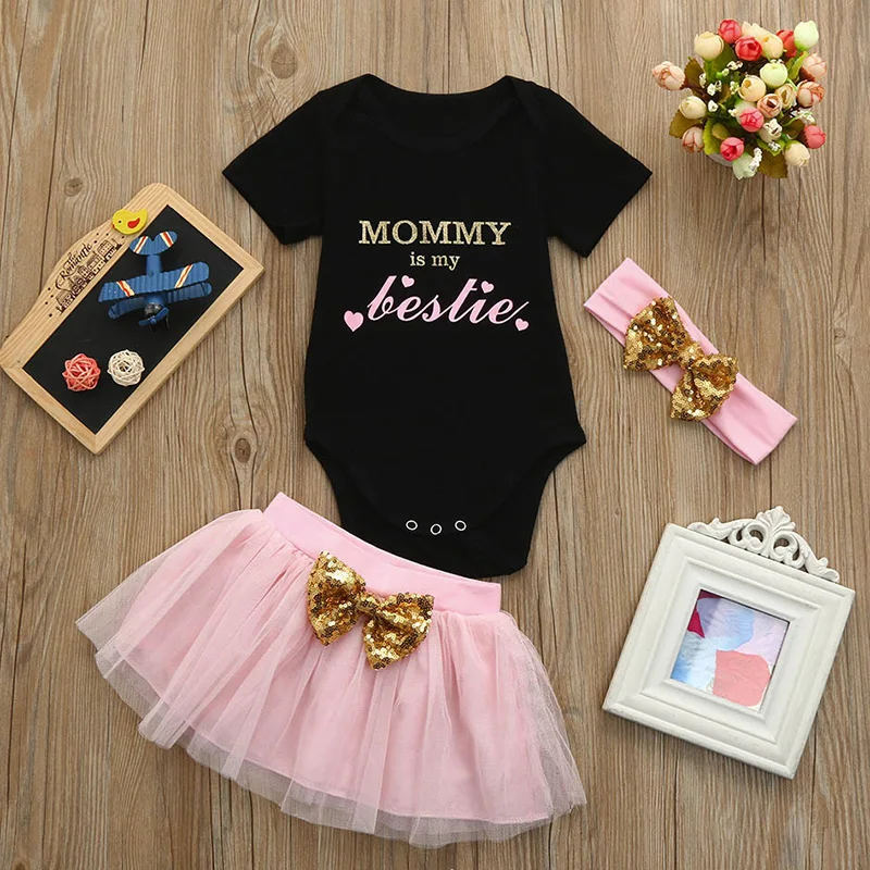 Хлопковый комбинезон с длинными рукавами и принтом «mommy is my leslie» для маленьких девочек 0-24 месяцев+ Кружевное платье-пачка+ повязка на голову, комплект из 3 предметов