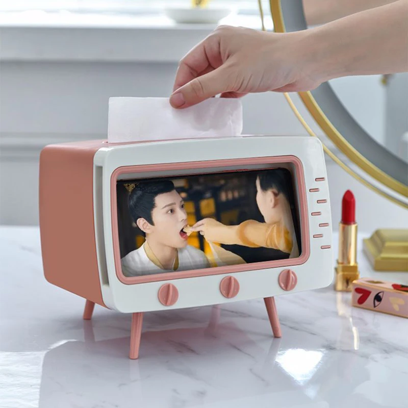 Tissue Box TV Design Desktop Paper Dispenser With Mobile Phone Holder Case