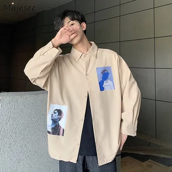 

Men Shirts Printed Leisure BF Retro Korean Style Student All-match Loose Ins Harajuku Chic Trendy Daily Long Sleeve Ulzzang New