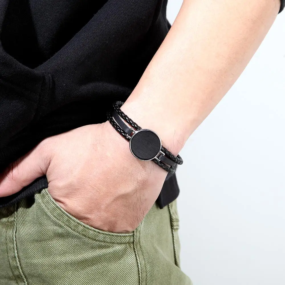 Fashion Leather Bracelet Multi-layer Wooden Round Men's Retro Punk Rock Lady Handy Hook Summer Style Jewelry | Украшения и
