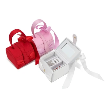 

3 Pcs Jewelry PU Leather Storage Box Jewelry Portable Bowknot Small Suitcase White Pink Red