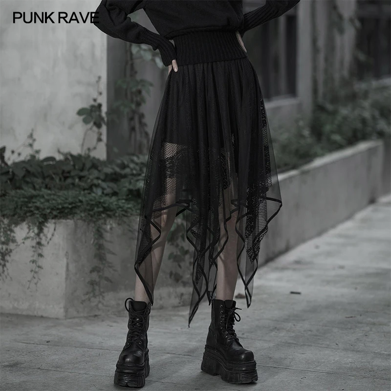 PUNK RAVE Women's Gothic Chiffon lace asymmetrical hemline skirt Black Lace Casual Girl Skirts