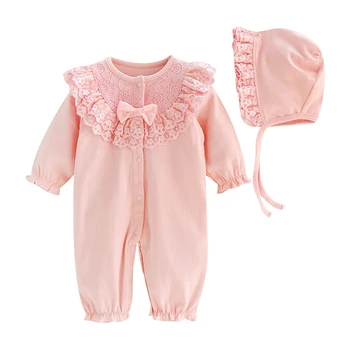 

2020 0-24M Newborn Girls Fashion Lace Outfits O-Neck Long Sleeve Clothes Princess Flower Print Romper Jumpsuit+Hat Set Various s