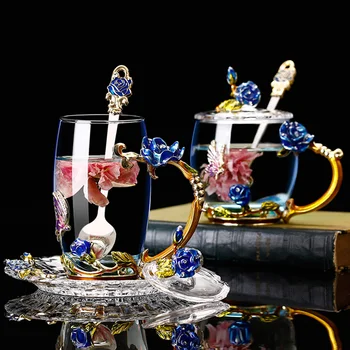 

Enamel Color Coffee Mug Set Three-dimensional Rose Butterfly Glass Tea Cup Wedding Gift Elegant Carved Cup with Spoon Gift Box