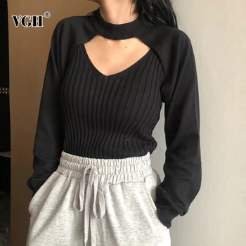 

VGH Asymmetric Suits For Women O Neck Lantern Long Sleeve High Waist Hollow Out Patchwork Backless Casual Set Female 2020 New