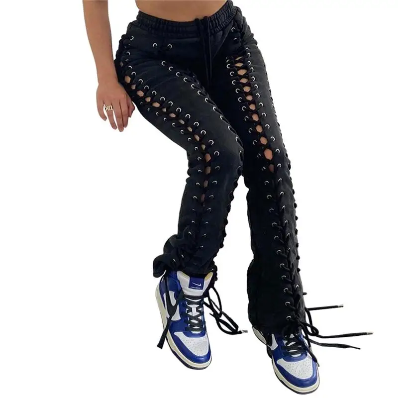 Lace-up Hollow Pants for Women, Eyelet Drawstring, Net Red, High Street Fashion, Wholesale