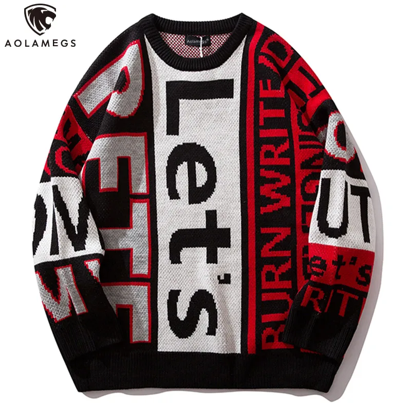

Aolamegs Sweater Men Color Block Mens Pullover Letter Print Loose Hip Hop Style Male Sweaters Casual Knitted Sweater Couple