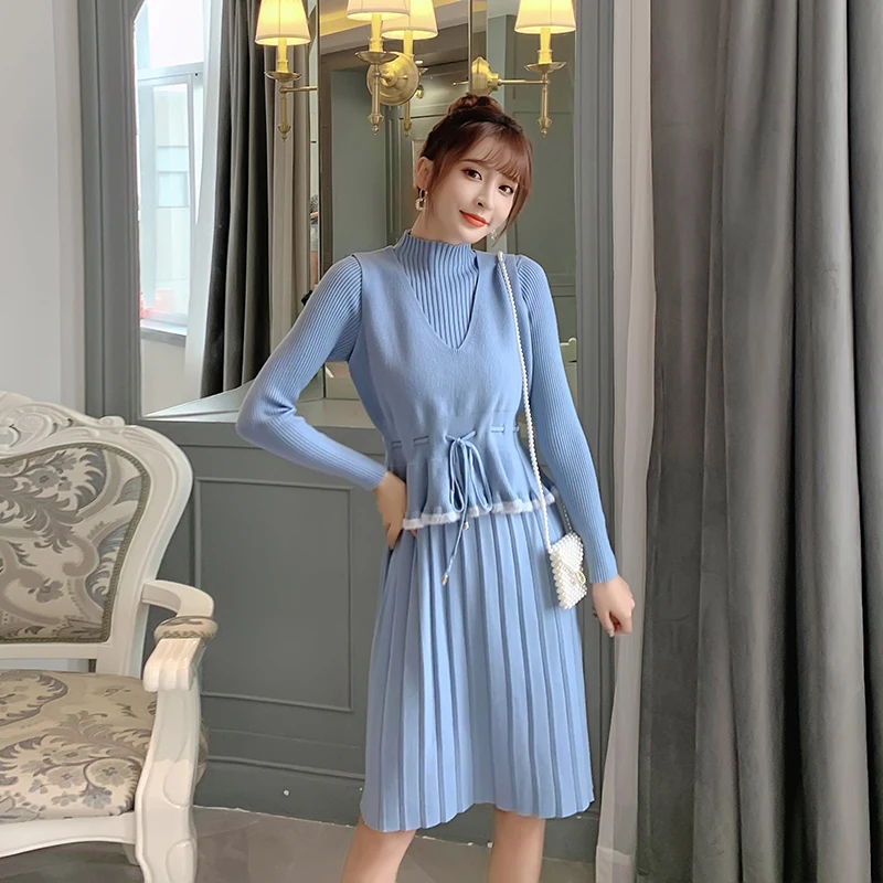 

New Autumn Winter Fashion Knitted Dress Suit Drawstring Vest Sweater +slim Dress Elegant Women Solid Knit 2 Piece Set