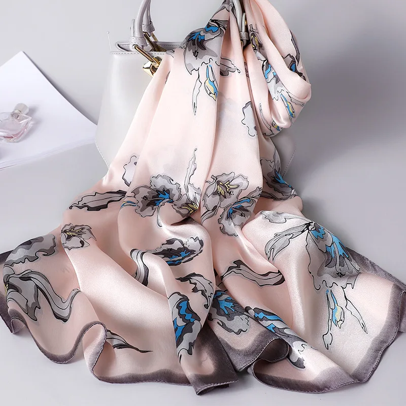 Роскошный шелковый шарф для женщин, квадратные шали и палантины с цветочным принтом, шарфы для хиджаба, женские элегантные шарфы для шеи для женщин