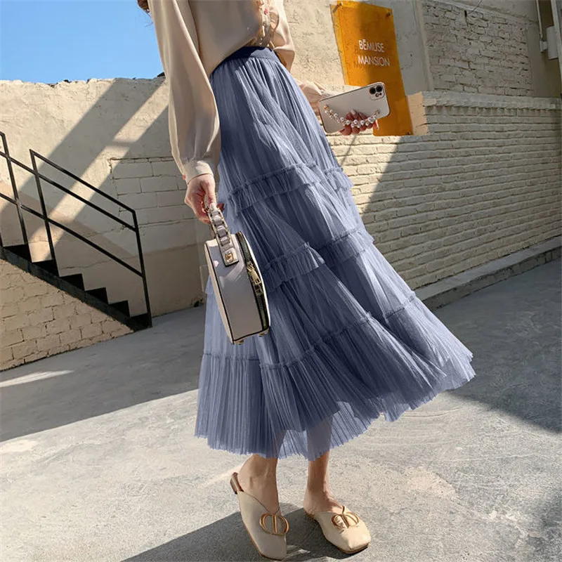 

Женская сетчатая плиссированная юбка миди, трапециевидная простая элегантная юбка-пачка с высокой талией, черная белая весенне-осенняя Женская юбка