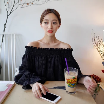 

Women 2020 Summer Casual All-Match Chiffon Shirt Slash neck Loose Flare Sleeve Female Shirts