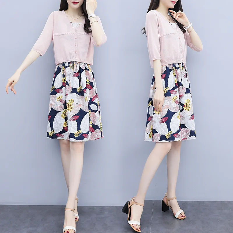 

2019 Summer New Style Large Size Dress Mid-length Floral Printed Dress + Knit Blouse Two-Piece Set