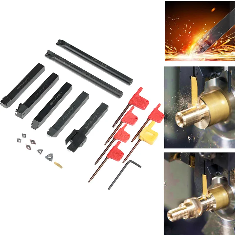 

7PCS DCMT CCMT Carbide Insert + 7PCS 12MM Lathe Turning Tool Holder Boring Bar + Wrench For Lathe Turning Tool