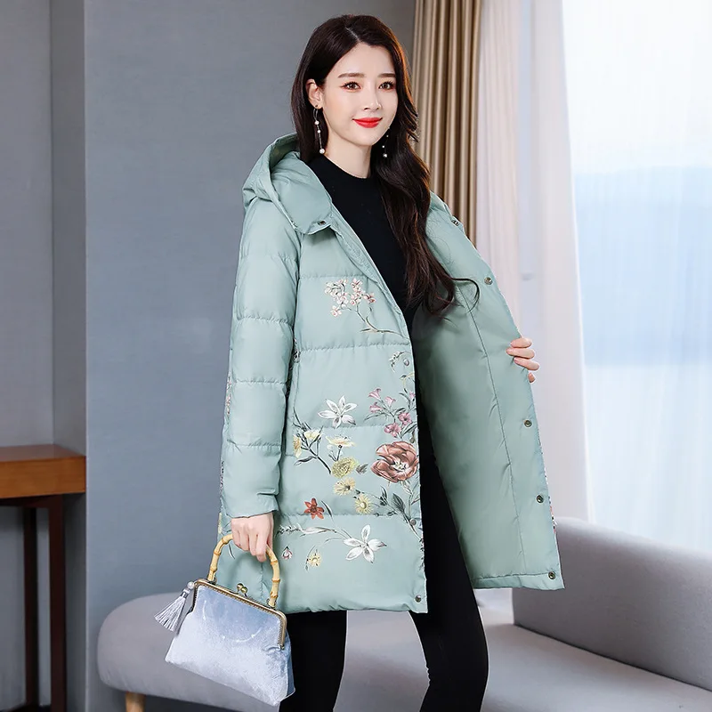 

Chinese-style Cotton-padded Clothes Women's Mid-length 2019 Winter New Style Large Size Printed Thick Antique Style down Jacket