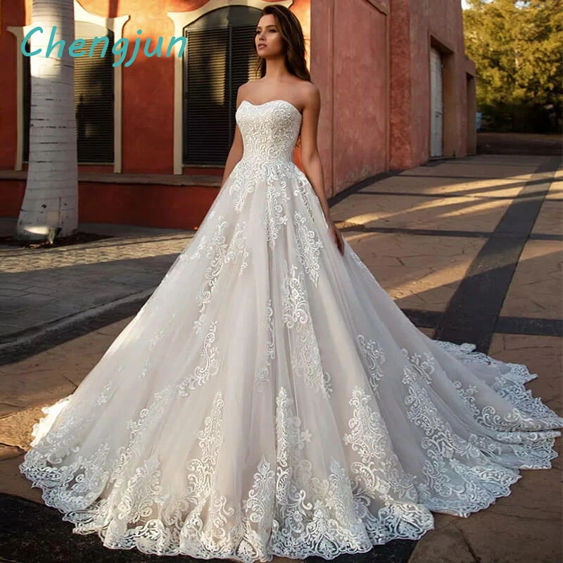 Sweetheart Crystal Lace Wedding Dresses Strapless Bridal Gown White/Ivory Custom