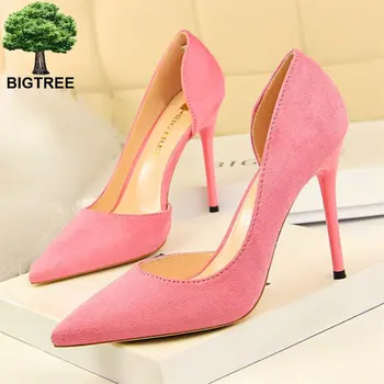

BIGTREE Show Thin Side Cut-Outs Women's High Heels Shoes Solid Flock Shallow Concise Women Pumps Pointed Toe Party Shoe