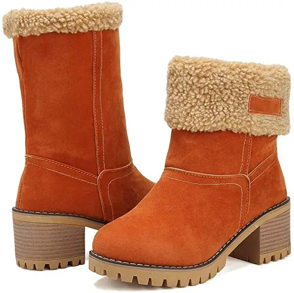 Женские зимние ботинки на высоком квадратном каблуке; Chaussure; Теплая обувь на меху; милые женские ботиночки; Зимние ботильоны - Цвет: Бежевый