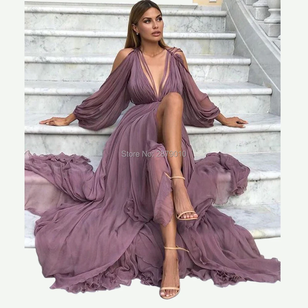 A-Line Floor-length V-neck Long Dress With Slit Lavender main image 1
