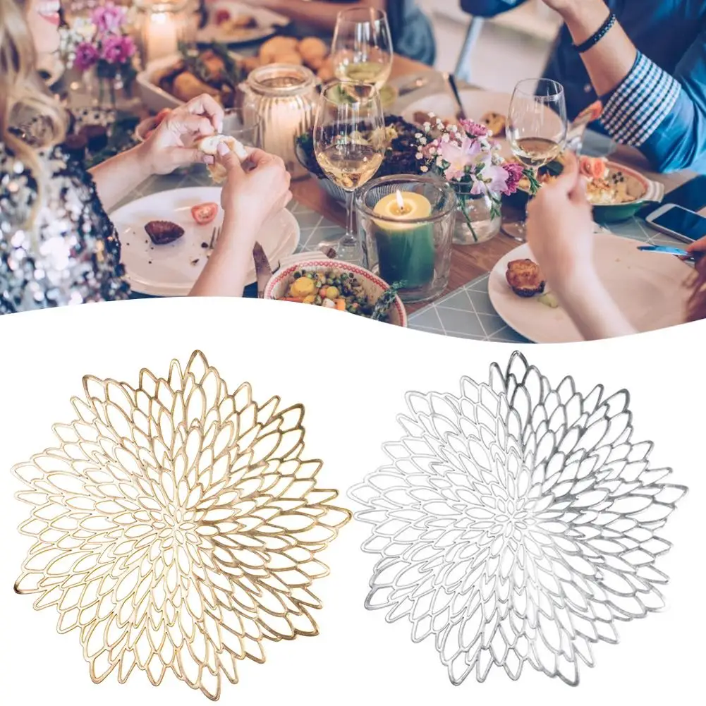New Gold Silver PVC Placemat Dining Table Mat Washable Dining Wedding Party Packs Flower Design Coaster Decorative Table Pad