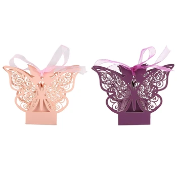 

100 Pcs Butterfly Wedding Favour Box Birthday Party Gifts Candy Boxes,50Pcs Pink & 50Pcs Purple