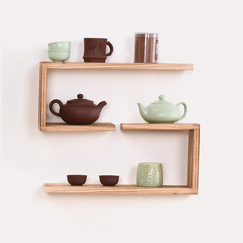Solid wood tea cup shelf display rack Bogu shelf rack hanging wall