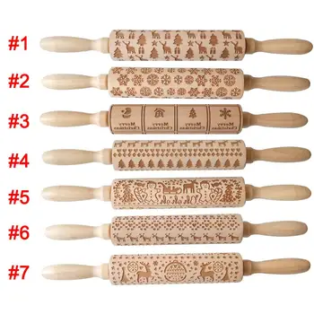 

DIY Manual Rolling Pins Engraved with Designe 35cm Wooden Roller For Baking Embossed Cookies kitchen tools Christmas Gift